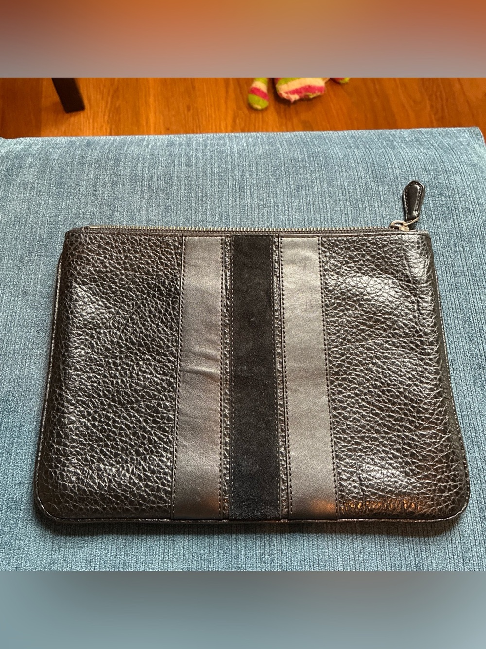 Coach black pebbled leather pouch with varsity stripe F22499